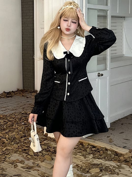 Plus Size Black Peter Pan Collar Jacquard Blouse