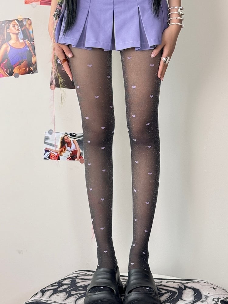 Black&Purple/Gray&Pink Heart Pattern Tights
