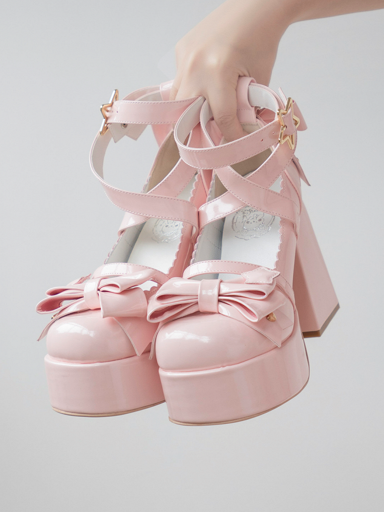 Pink Bow at Top Crisscross Design Sweet Lolita Platform High Block Heels