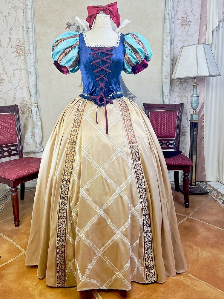 Snow White Full Set- Blue Boned Corset + Golden Skirt + Lace Collar + Red Bow Hairclip