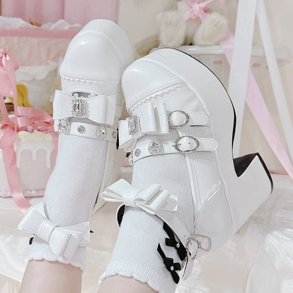 Matte White Jirai Kei Beaded Charm Rhinestone Decorated Bowknot Details Platform High Block Heels