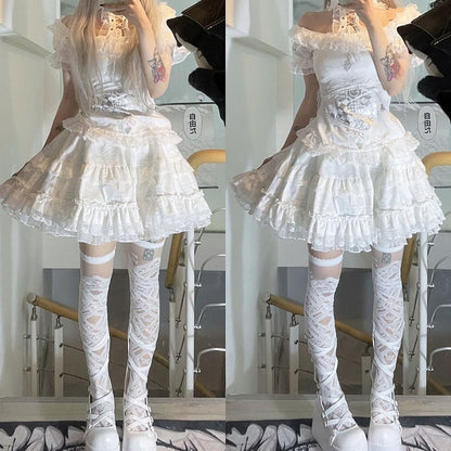 Detachable Bunny Ears White Punk Tiered Skirt with Undies