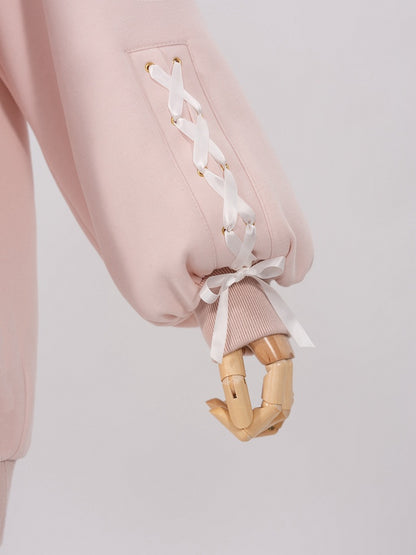 Sakura Pink Jirai Kei Sweet Lace Trim Bows Decorated Hoodie