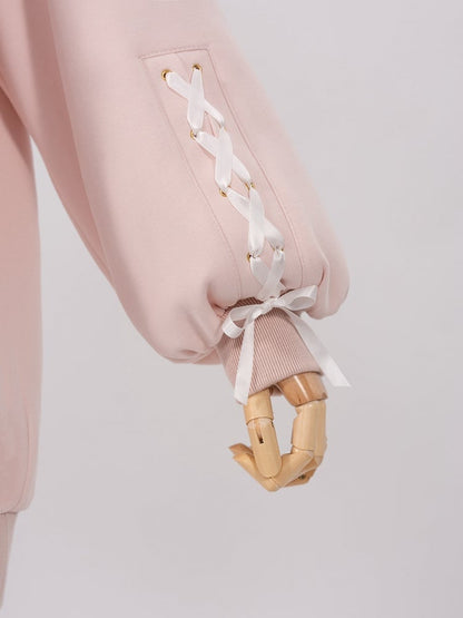 Sakura Pink Jirai Kei Sweet Lace Trim Bows Decorated Hoodie