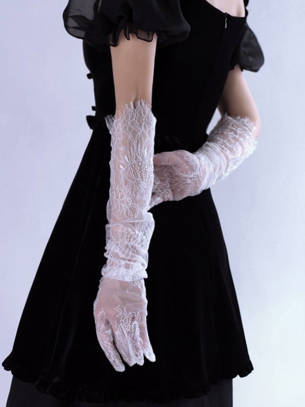 Black/White Hollow-out Design Lace Gloves