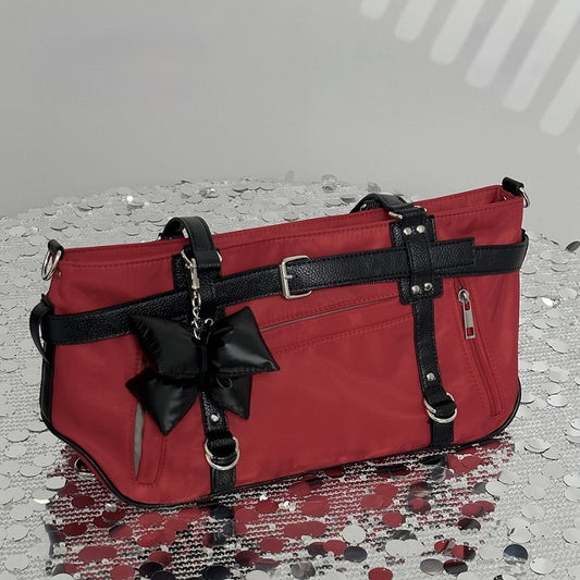 Charming Red Medium-Sized Tote Bag with Sweet and Edgy Belt Accents