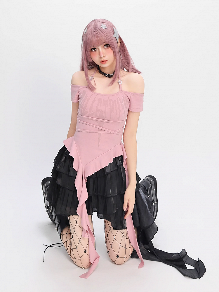 Y2K Red/Pink/Purple Cascading Ruffles Halter Neck T-shirt