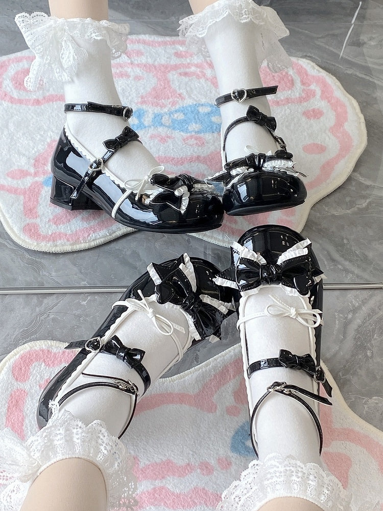 Black Ruffle Trim Decorated Bow at Top 3.5CM Sweet Lolita Block Heel Mary Janes
