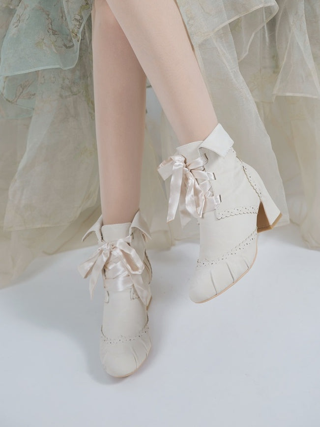 Reversible Cuff Design with Zip & Lace Fastening Elegant Lolita Beige Boots with Mid-heel