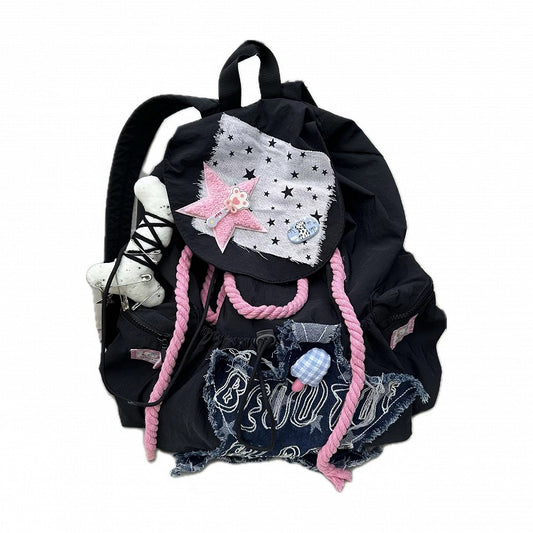 Y2K Preppy Black & Pink Drawstring Backpack with Frayed Star Applique