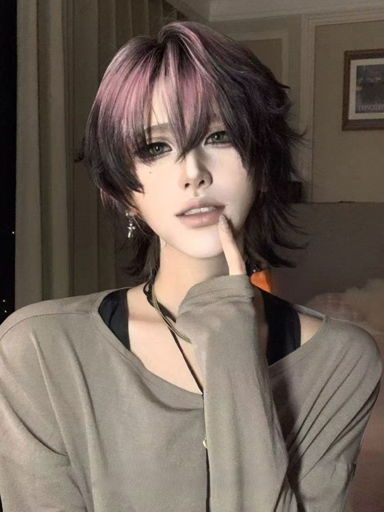 Black and Pink Highlight Hair Color 35CM Length Short Ouji Wig