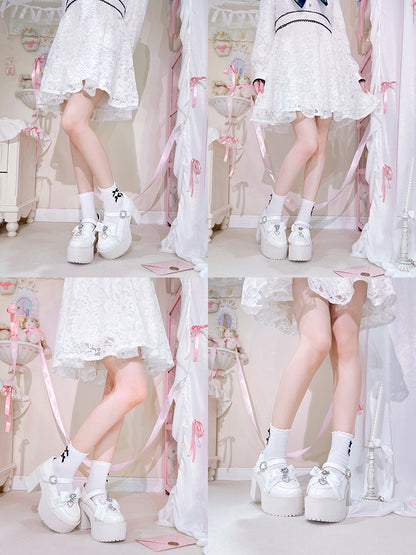 Jirai Kei Rhinestones Bow Clips White Chunky Heels Landmine Style Platforms