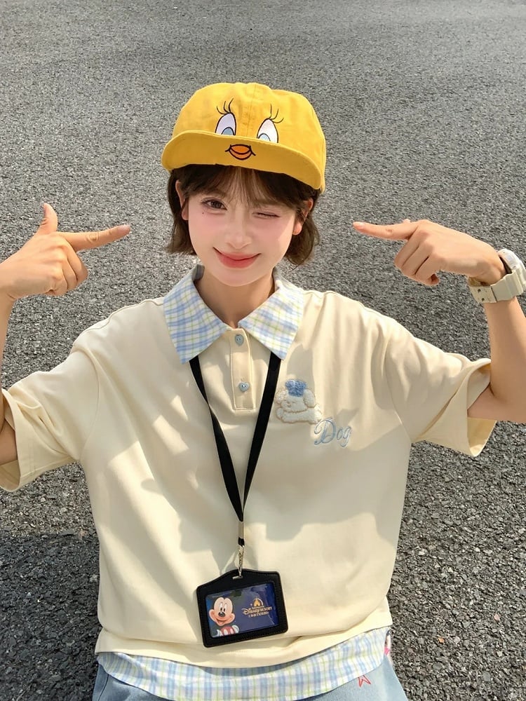 Blue Plaid Collar and Hem Puppy Embroidery Apricot Loose T-shirt