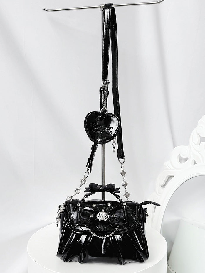 Black Jirai Kei Crossbody Bag - Interchangeable Rhinestone Strap & Crown Bow with Heart Bag