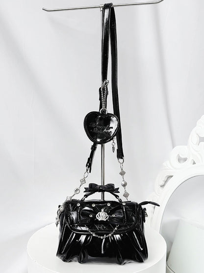 Black Jirai Kei Crossbody Bag - Interchangeable Rhinestone Strap & Crown Bow with Heart Bag