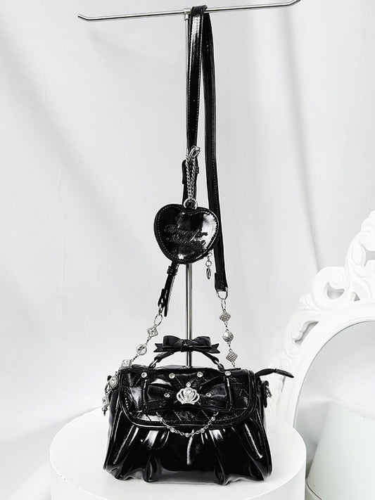 Black Jirai Kei Crossbody Bag - Interchangeable Rhinestone Strap & Crown Bow with Heart Bag