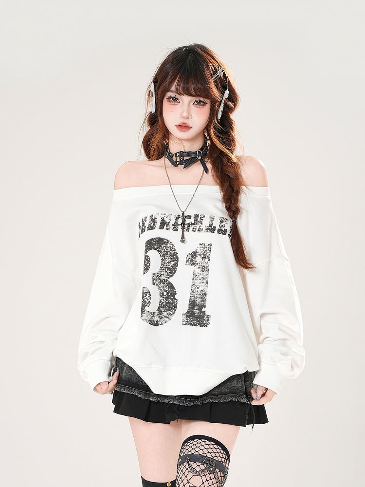 Black/White Off-the-shoulder Neckline Number Print Summer Sweatshirt