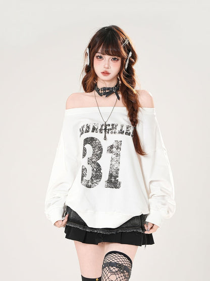 Black/White Off-the-shoulder Neckline Number Print Summer Sweatshirt