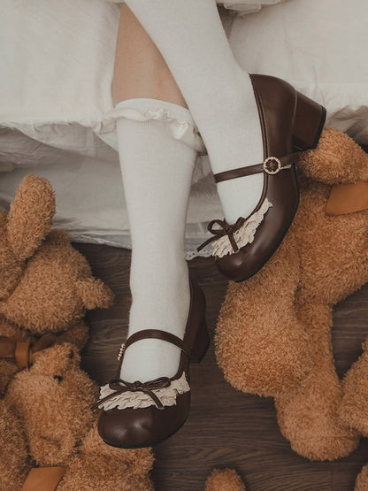 Chocolate Brown Knotted Bow Accent Lace Trim 2.2CM/4.3CM Heels Round Toe Mary Janes