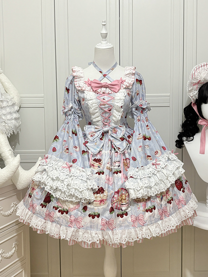 Strawberry Cake Print Blue Sweet Lolita Short Sleeves Dress with Detachable Bell Sleeves