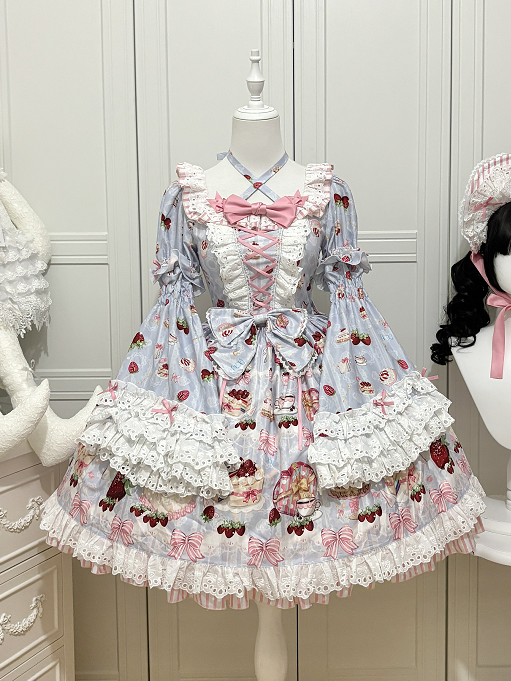 Strawberry Cake Print Blue Sweet Lolita Short Sleeves Dress with Detachable Bell Sleeves