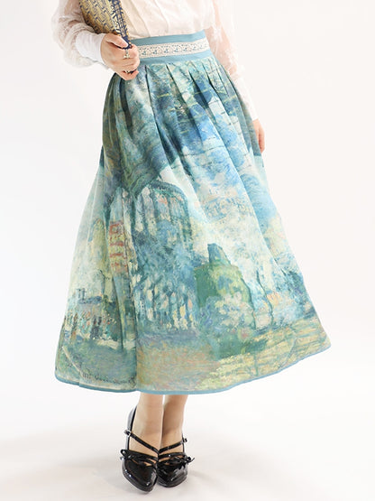Gare Saint-Lazare Oil Painting Print Green High Waist Skirt Long/Short Version