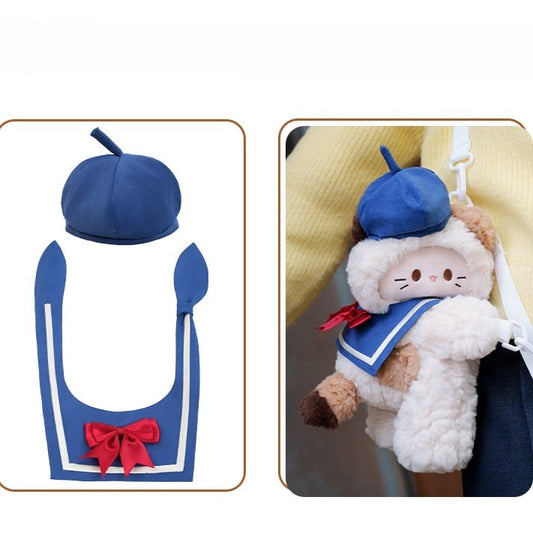White Kitty-shaped Plush Backpack/Crossbody Bag + Blue Hat + Sailor Collar Middle/Large Size