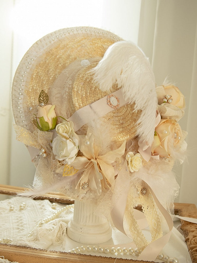 Beige Feather And Beaded Decorated Floral Design Straw Hat