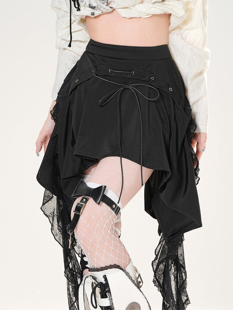 Black Lace-up Detail Cascading Lace Ruffles Skirt
