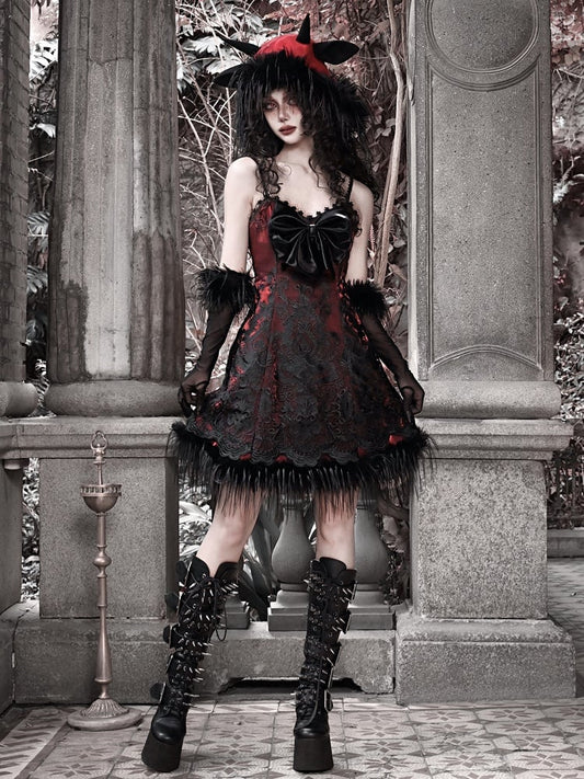 2025 New Year Red New Dress PU Big Bow Bodice Goth Vampire Spaghetti Straps Dress