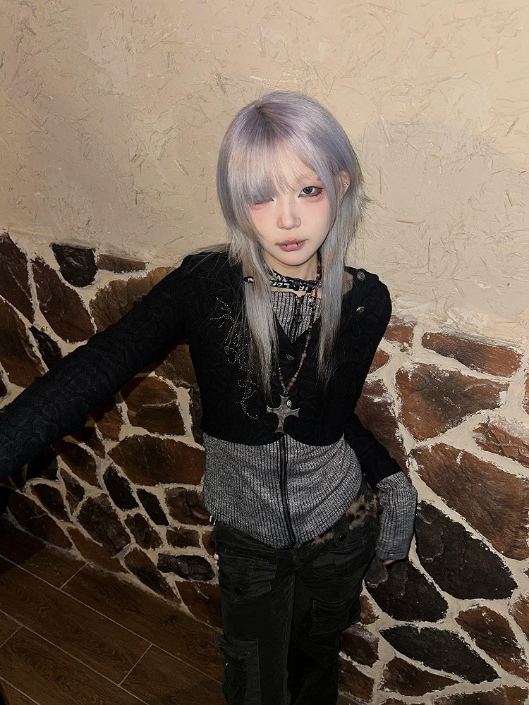 Y2K White / Black Faux Two-Piece Knit Zip-Up Hoodie