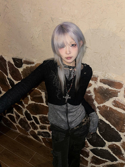 Y2K White / Black Faux Two-Piece Knit Zip-Up Hoodie