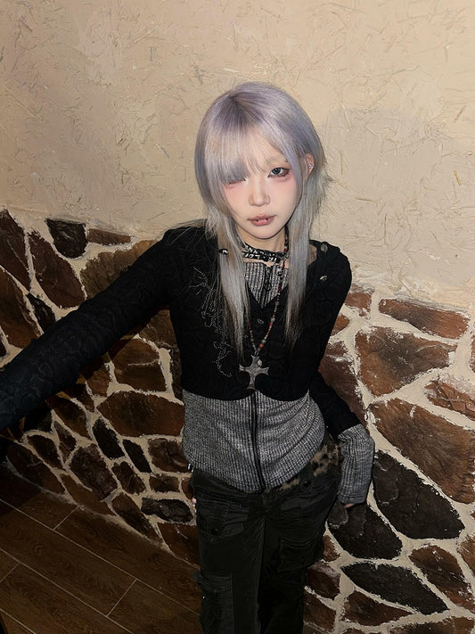 Y2K White / Black Faux Two-Piece Knit Zip-Up Hoodie