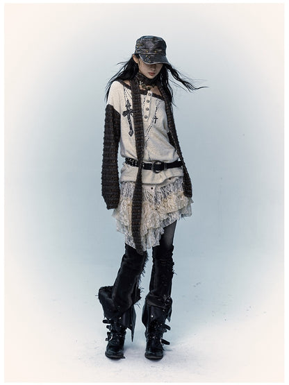 Off-the-shoulder Cross Embroidery Apricot Top with Scarf