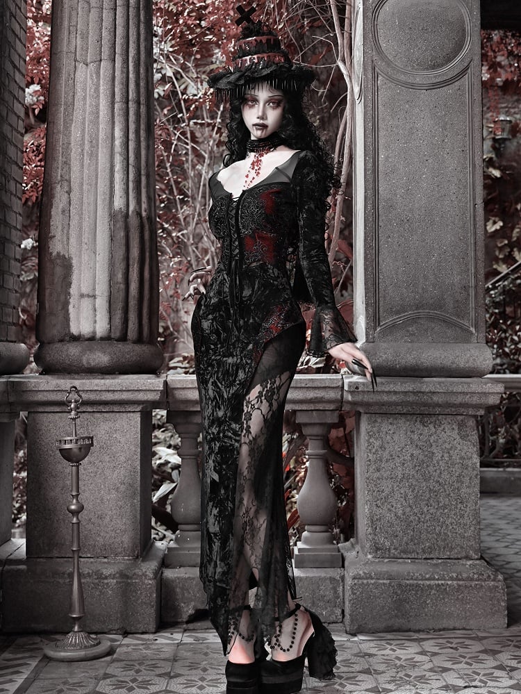 Bat Wings Shaped Neckline Romantic Goth Vampire Dress Velvet and Lace Mermaid Dress
