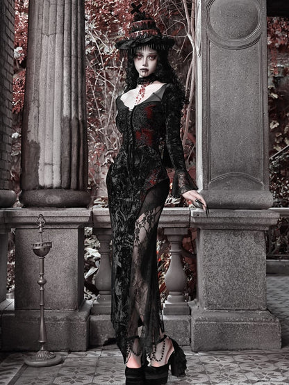 Bat Wings Shaped Neckline Romantic Goth Vampire Dress Velvet and Lace Mermaid Dress