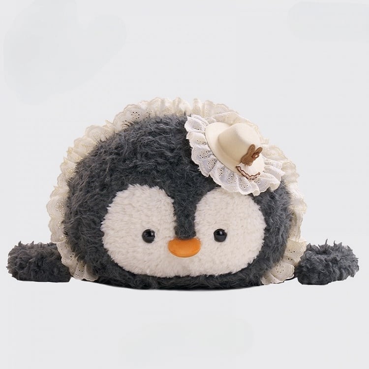 Gray Penguin-shaped Lace Trim Plush Backpack