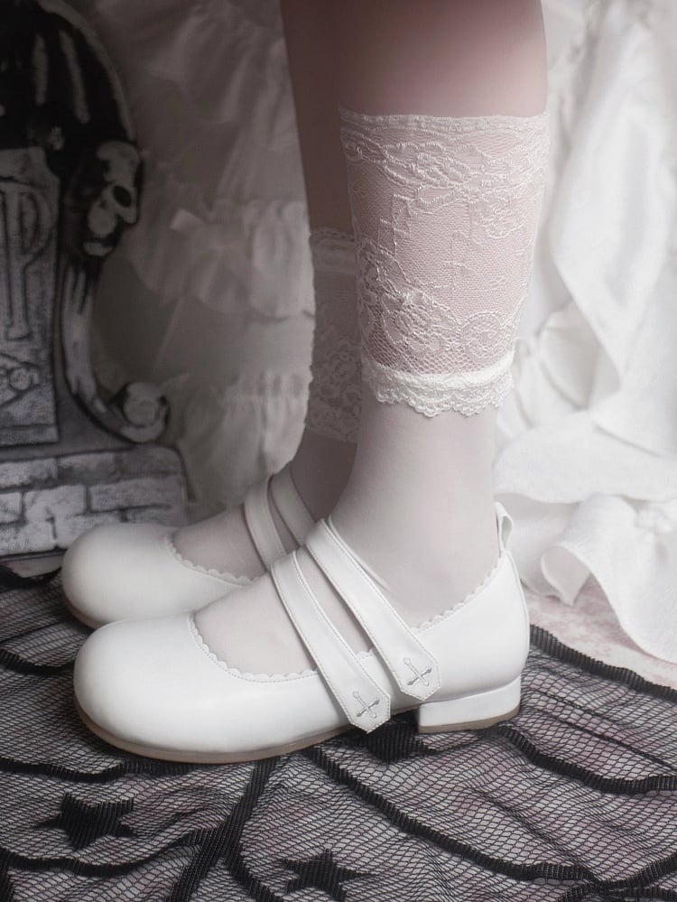 White Gothic Cross Embroidery Velcro Strap Closures Round Toe Flats