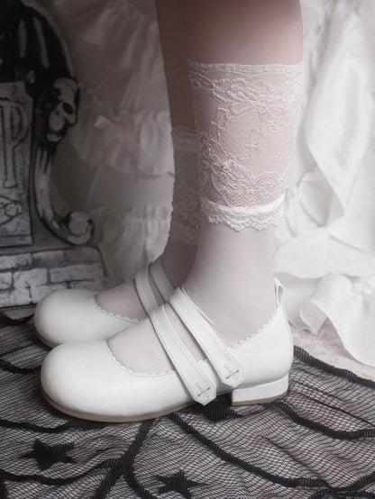 White Gothic Cross Embroidery Velcro Strap Closures Round Toe Flats