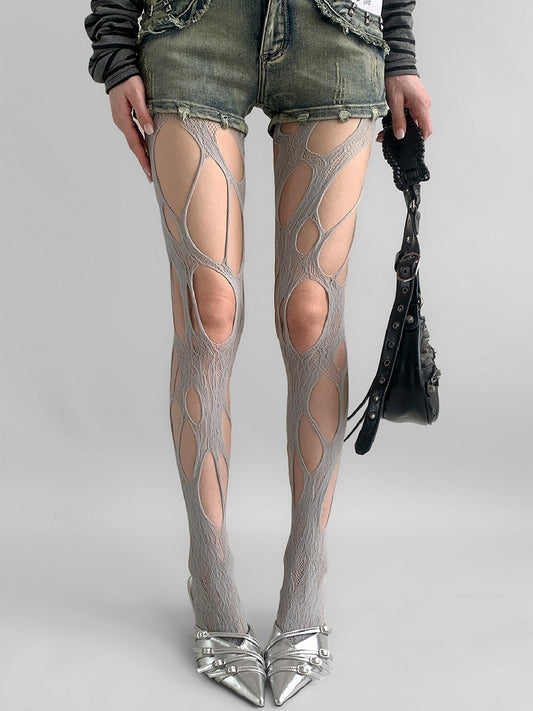 Gray/White/Brown/Black Y2K Asymmetrical Design Cut-out Details Tights