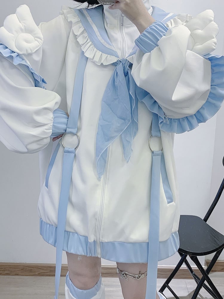 Tenshi Kaiwai White & Blue Sailor Collar Wings Design Jirai Kei Jacket/Leg Warmers