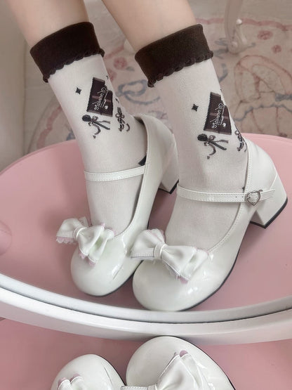 White Chocolate Print Bowknot Details Lolita Calf Socks