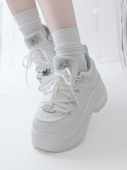 PU Leather with Classic Lacing System Matte White Platform Sneakers in Jirai Kei