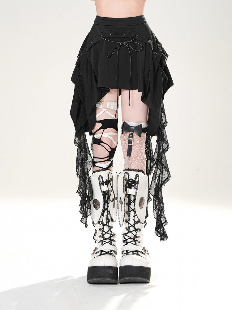 Black Lace-up Detail Cascading Lace Ruffles Skirt