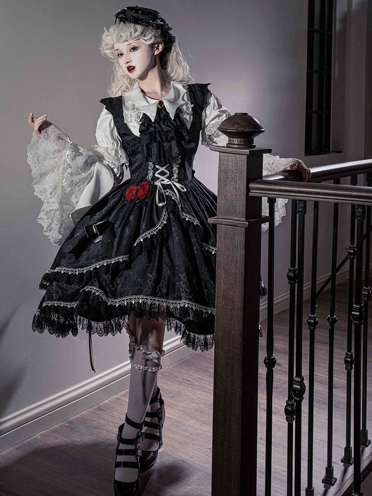 Black High-low Skirt Gothic Lolita Dress Bat Wing Shaped Shoulder Straps