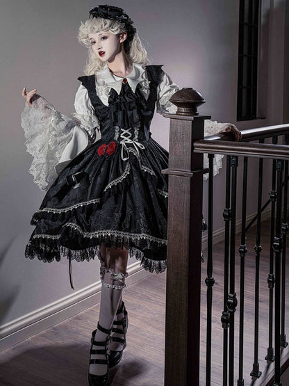 Black High-low Skirt Gothic Lolita Dress Bat Wing Shaped Shoulder Straps