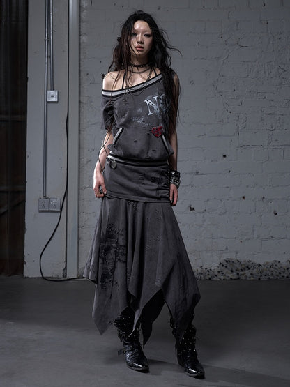 Asymmetrical Neckline Gray/White Wasteland Punk Distressed Dress with Detachable Handkerchief Hem