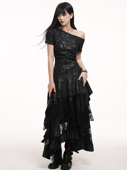 Black Asymmetrical Neckline Criss-cross Straps Cascading Ruffles Dress