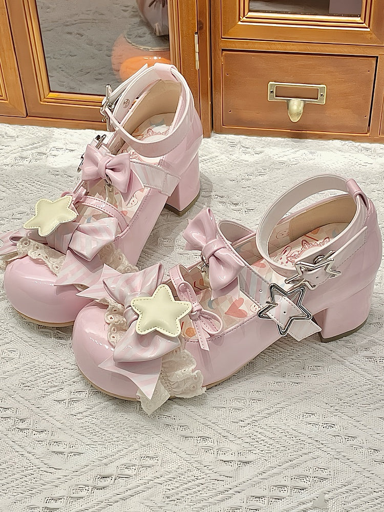 Pink Striped Pattern Bowknot Details Star Buckle Straps Lolita Shoes
