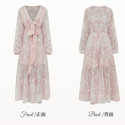 Plus Size Self-tie Bowknot Front Pink Peach Blossom Print Holiday Dress